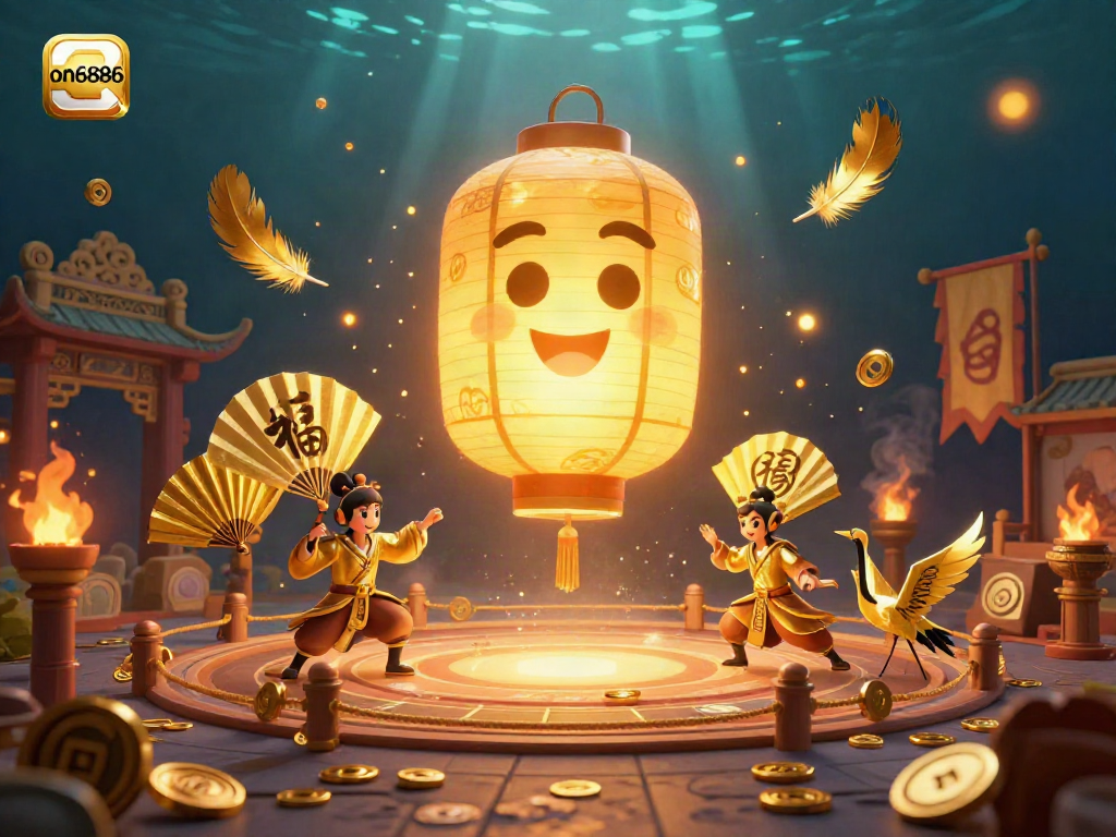 Experience the enchanting vibe of on6886 casino with a vibrant 3D illustration of a glowing lantern spirit and golden companions.