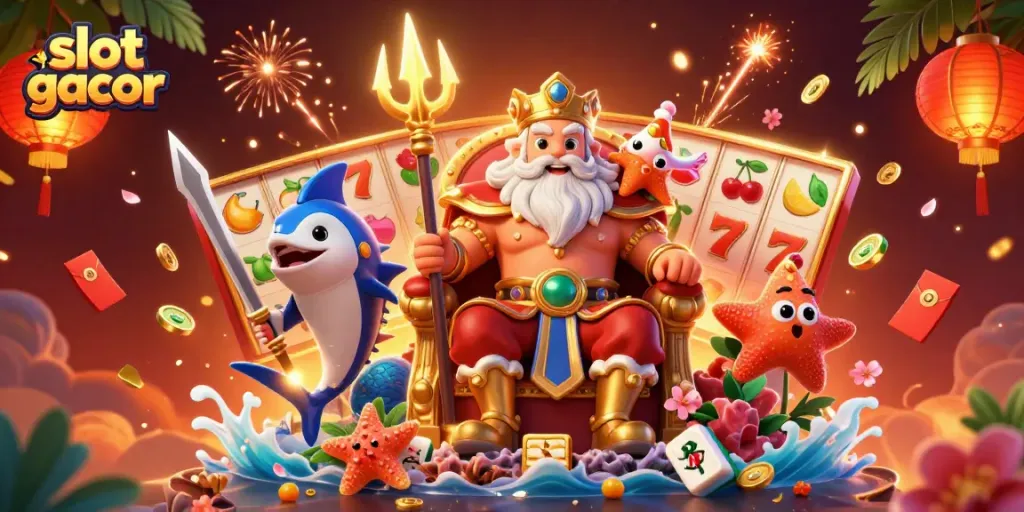 Experience thrilling wins with slot gacor as Neptune and his companions celebrate in a vibrant casino