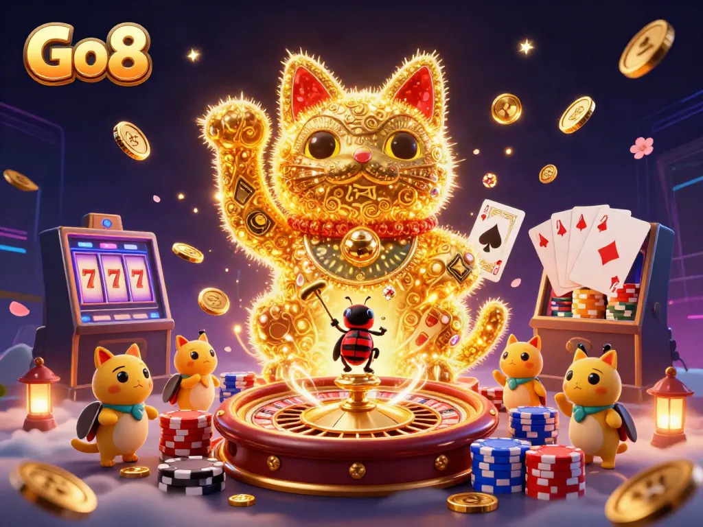 Experience the vibrant Go8 casino world with a dynamic lucky cat and energy-filled action.