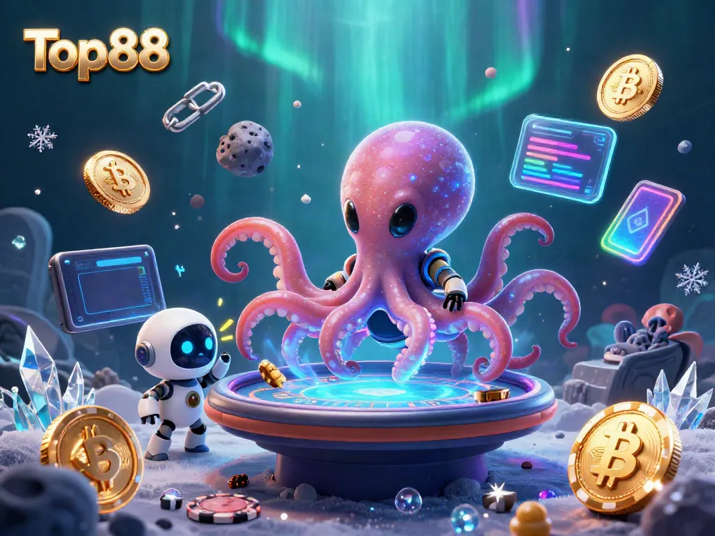 Experience Top88's cosmic poker adventure with an alien octopus navigating a holographic table.