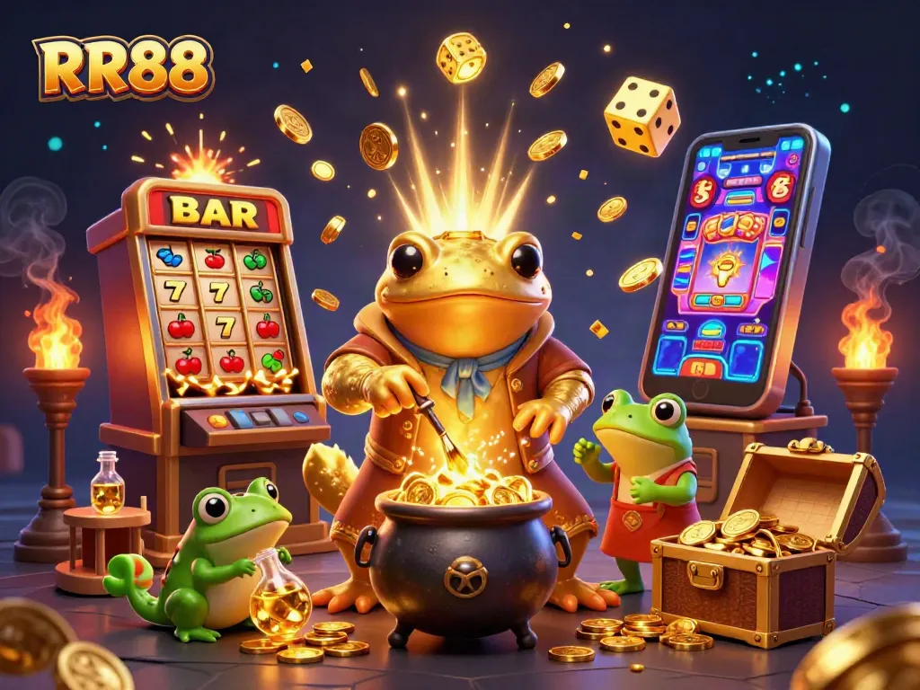 Experience RR88's magical casino world with golden salamander alchemist, slot machines, and jackpots.
