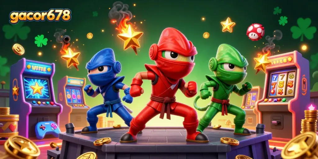 Engage with gacor678's thrilling slots action featuring chameleon ninjas and vibrant arcade elements.