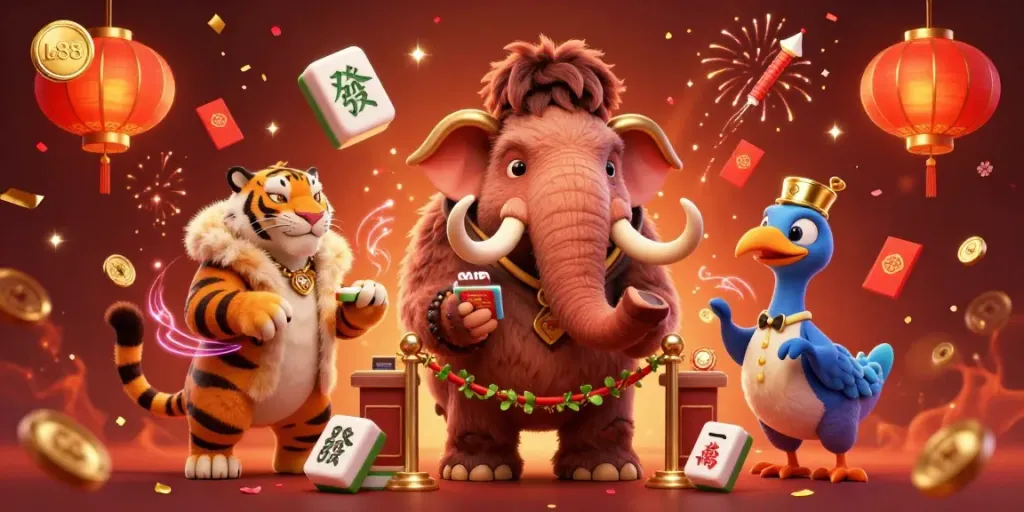 Engage in thrilling action at lc88 with vibrant characters celebrating around a vibrant casino entrance.
