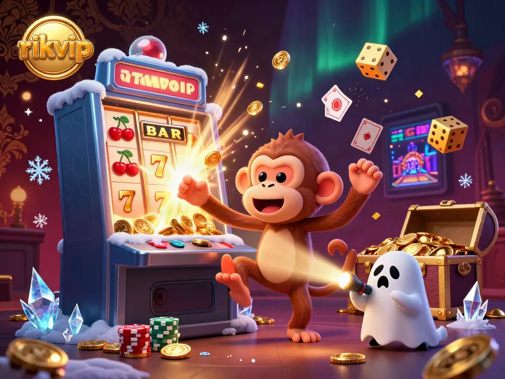 Experience thrilling gameplay with rikvip as a mischievous poltergeist monkey juggles golden treasures in a stunning casino scene.