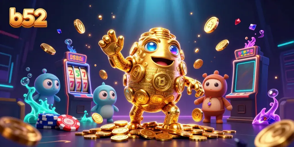 Enjoy thrilling gameplay with b52's golden golem surrounded by sparkling slots and vibrant poker chips.
