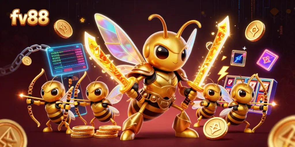 Engage in thrilling gaming action at fv88, with a vibrant scene of a samurai hornet leading bee archers amidst slot reels and digital currency.