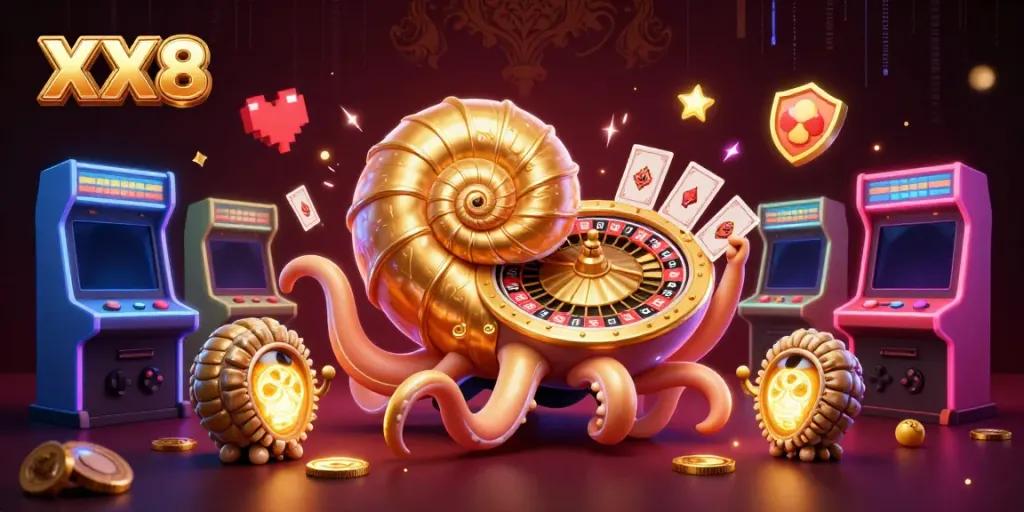 Engage in exciting gameplay with XX8 in this vibrant casino-themed illustration.