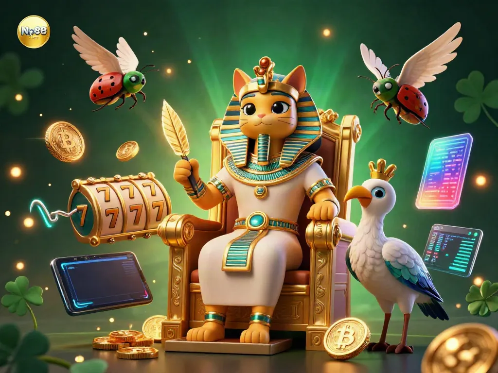 Play exciting jackpot slots at Nn88 com with pharaoh-themed characters, glowing crypto coins, and dynamic gameplay visuals.