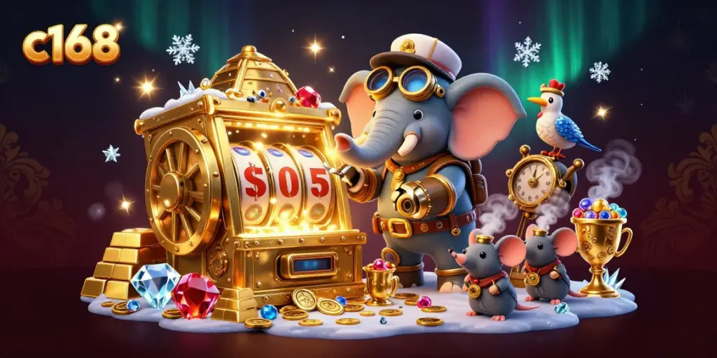 Spin the c168 slot machine with a steampunk elephant engineer, surrounded by treasure and gems.