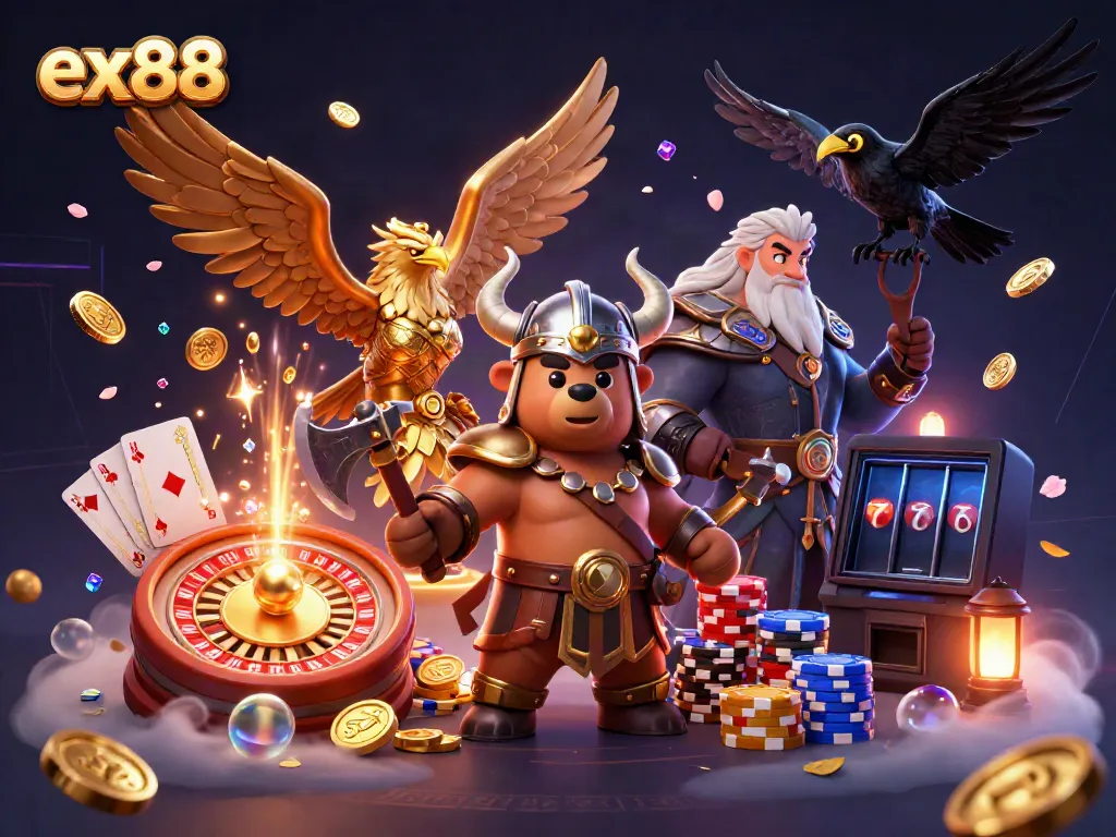 Experience thrilling moments in ex88 with a bear and Valkyrie amidst coins and gaming elements.