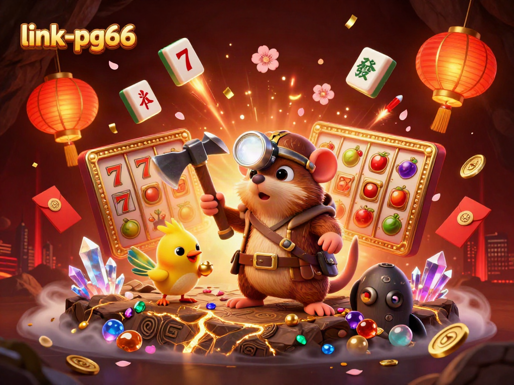 Experience thrilling wins at link-pg66, featuring a treasure hunter mole uncovering jackpot treasures amidst vibrant casino elements.