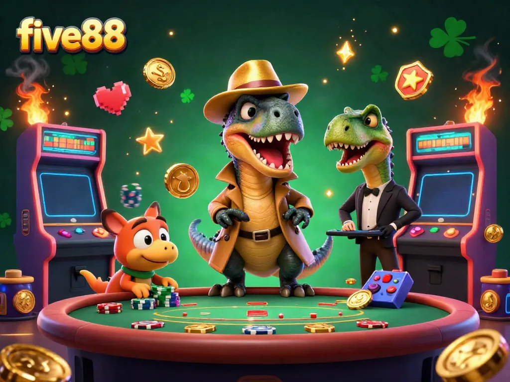Experience high-stakes gaming at five88 with a velociraptor card counter and stegosaurus pit boss in action.