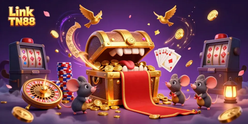 Experience the thrill of Link TN88 with our dynamic casino illustration showcasing rich treasures.