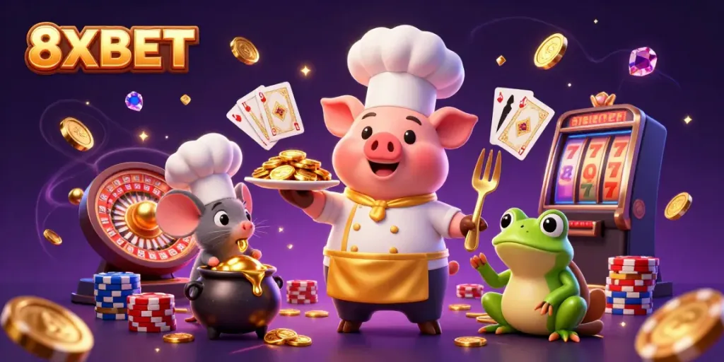 Experience the excitement of 8XBET with dynamic casino scenes featuring gold coins, games, and animated characters.