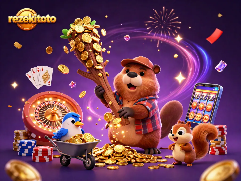 Experience the excitement of rezekitoto with a cartoon beaver collecting golden coins in a casino-themed scene.