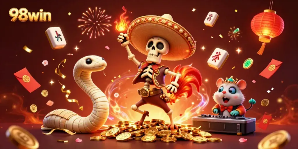 Celebrate big wins with 98win in this dynamic casino scene featuring fun characters and golden treasures.