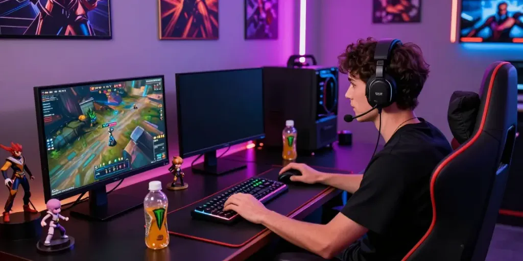 Pengguna terlibat dalam permainan online di Fox88 dengan perangkat gaming modern dan suasana penuh semangat.