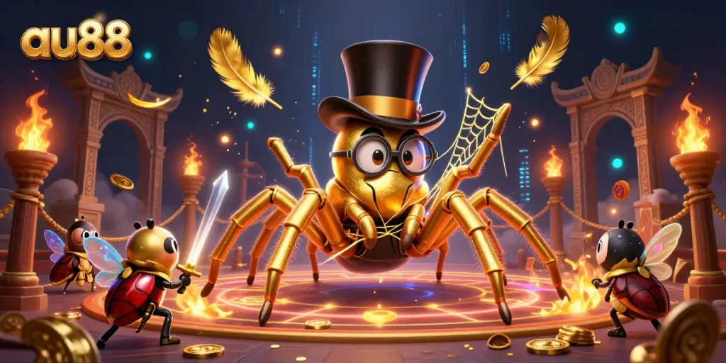 Experience thrilling game action at au88 with a vibrant illustration showcasing unique characters and exciting casino elements.