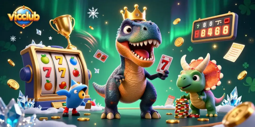 Vicclub's 3D cartoon T-Rex shuffling cards with a pterodactyl and triceratops, showcasing casino fun.