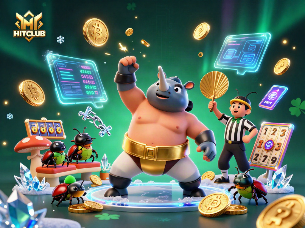 Engage in thrilling gameplay with HITCLUB's vibrant 3D illustration showcasing action-packed casino elements.