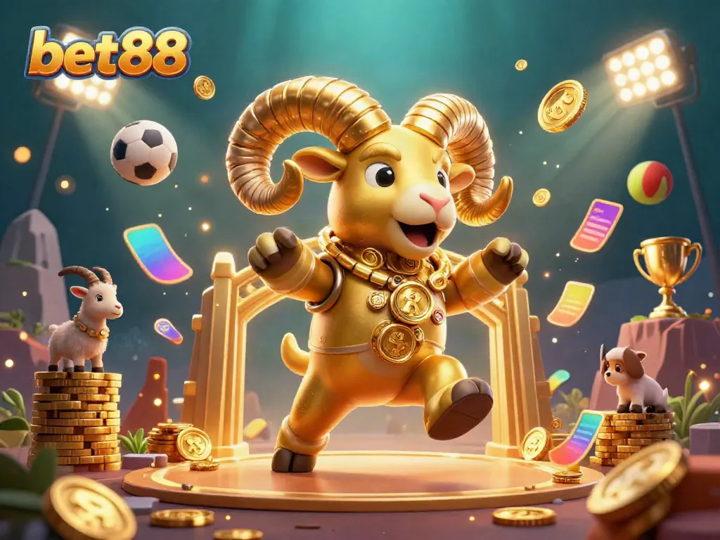 Experience thrilling games at bet88 with a dynamic scene featuring a golden ram charging through a vibrant casino.
