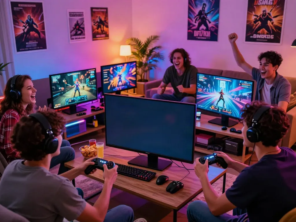 Engaging gaming experience with friends at kilat404 showing excitement and interaction.