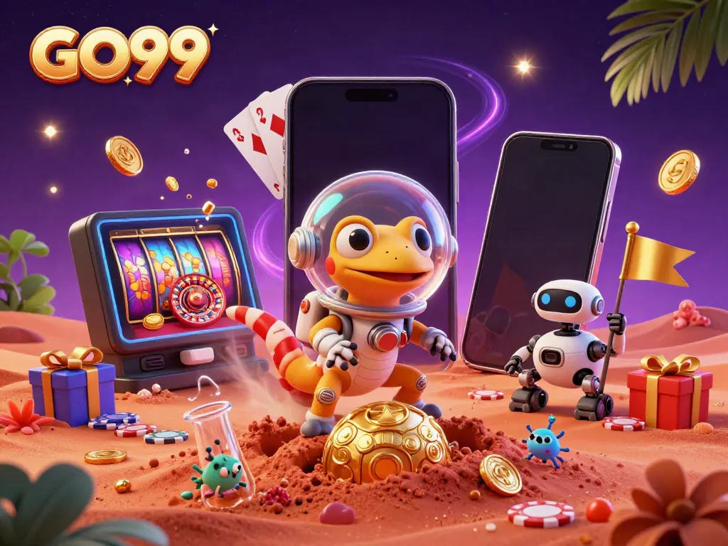 Engage in thrilling casino adventures with GO99 featuring a Martian gecko discovering a golden oasis.