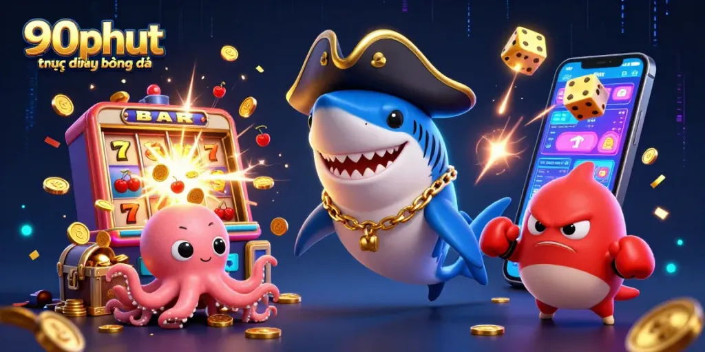Bet on 90phut trực tiếp bóng đá with a lively illustration of gaming excitement and characters.