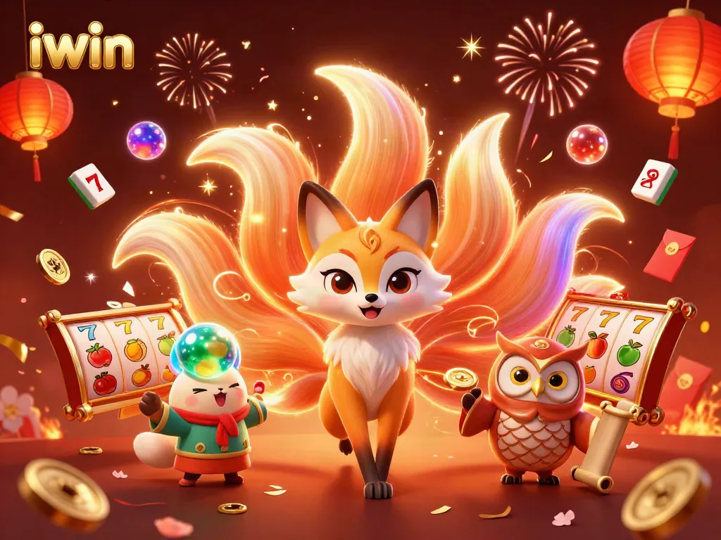 iwin casino illustration featuring a nine-tailed fox, wise owl, and vibrant game elements