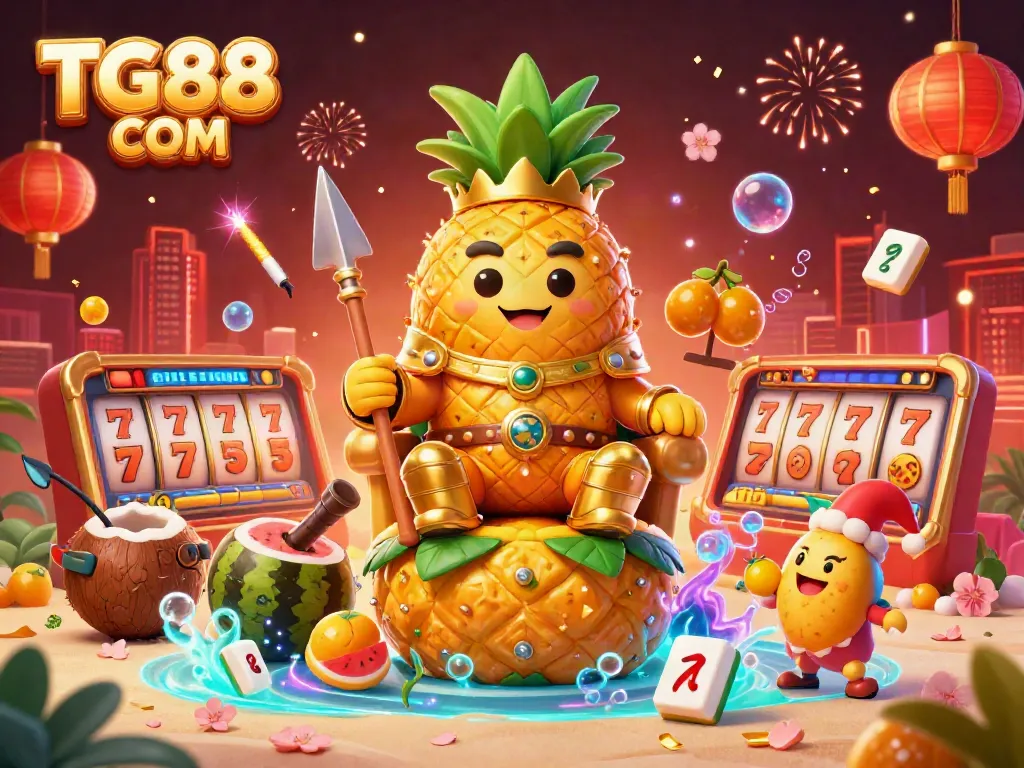 Experience the vibrant gaming world of TG88 COM with golden jackpot elements and 3D characters celebrating on a beach casino.
