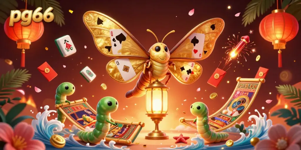 Engaging scene of pg66 featuring a majestic moth with golden wings and vibrant casino elements.