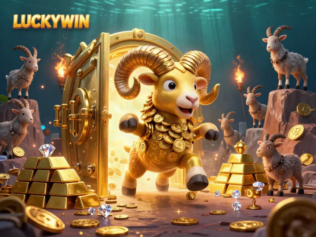 Experience the thrilling LUCKYWIN casino world with a golden ram charging through treasure and dazzling gems.