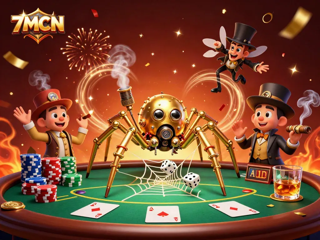 Engage in thrilling 7MCN online gambling with a whimsical steampunk casino scene.