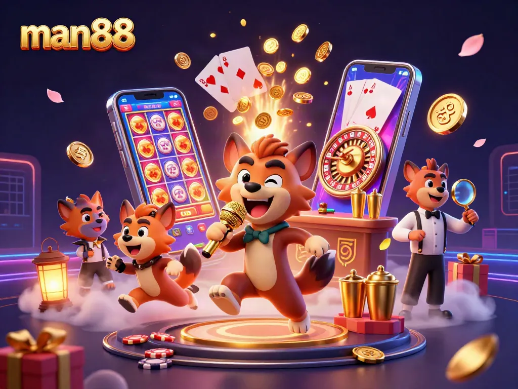 Engage with man88's vibrant casino scene featuring hyenas in a comedy club setting.