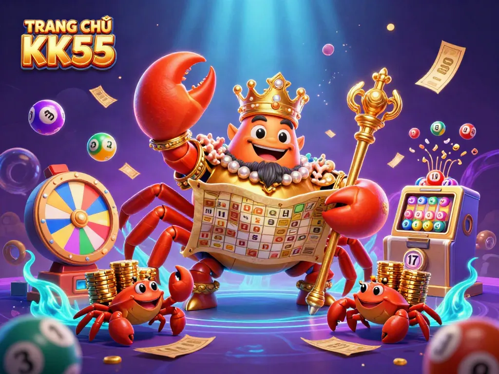 Engage in TRANG CHỦ KK55's captivating world with a vibrant 3D illustration of a golden crab emperor amidst vibrant lottery elements.