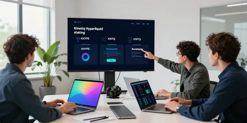 Kinetiq crypto professionals collaborating on liquid staking innovations in modern workspace.