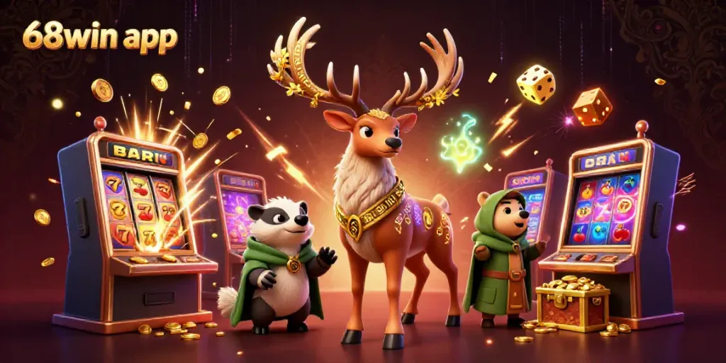 Experience the thrill with the 68win app, illustrated as a vibrant 3D scene of joy and gaming.