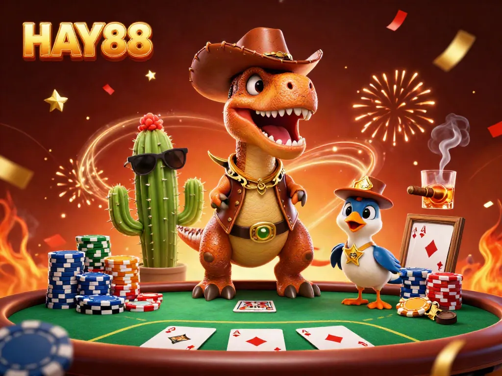 Playing poker at HAY88 with a lively T-Rex and friends in a festive casino scene.