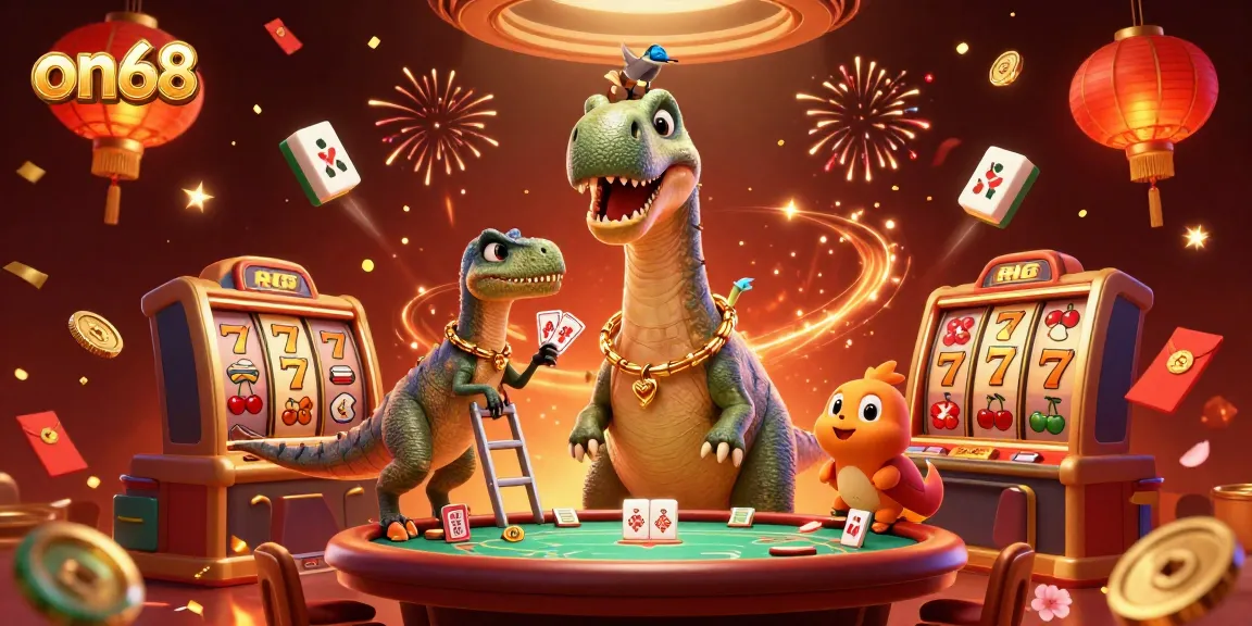 Play on68 with vibrant slot reels and dynamic casino characters in this colorful 3D illustration.