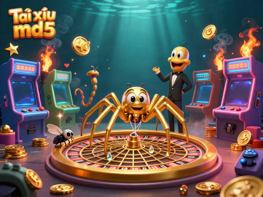 Experience the thrilling Tài xỉu md5 action with a unique golden spider and centipede dealer in a vibrant casino scene.