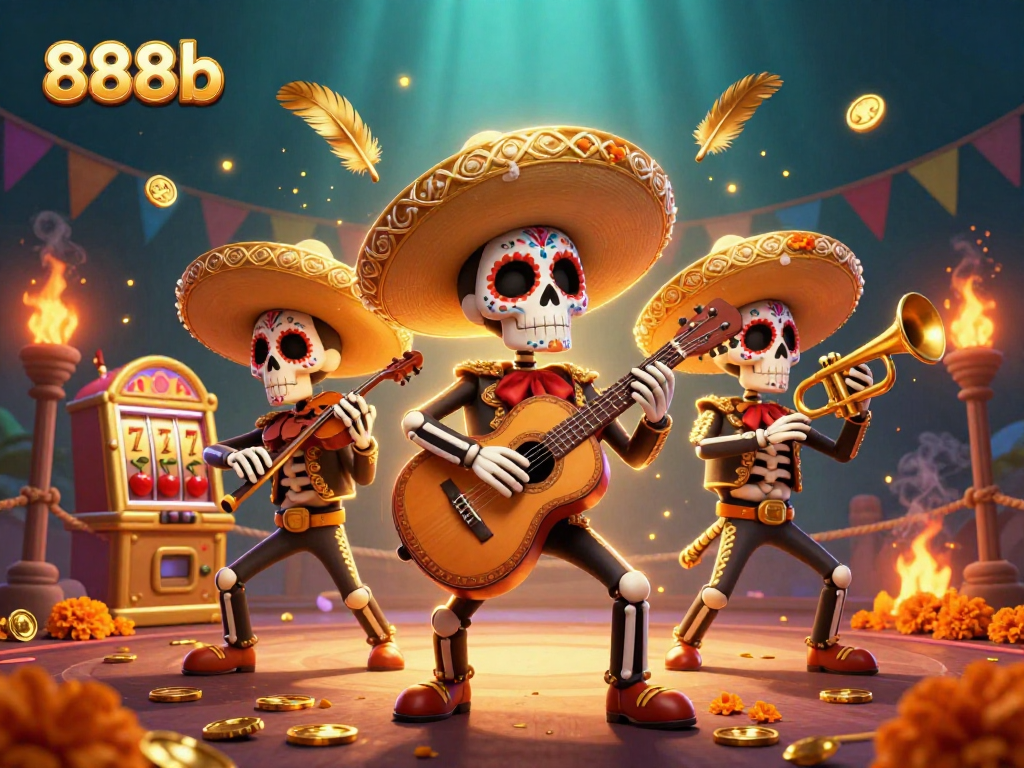 Experience the excitement of 888b with skeleton mariachi slot game action in vibrant 3D.