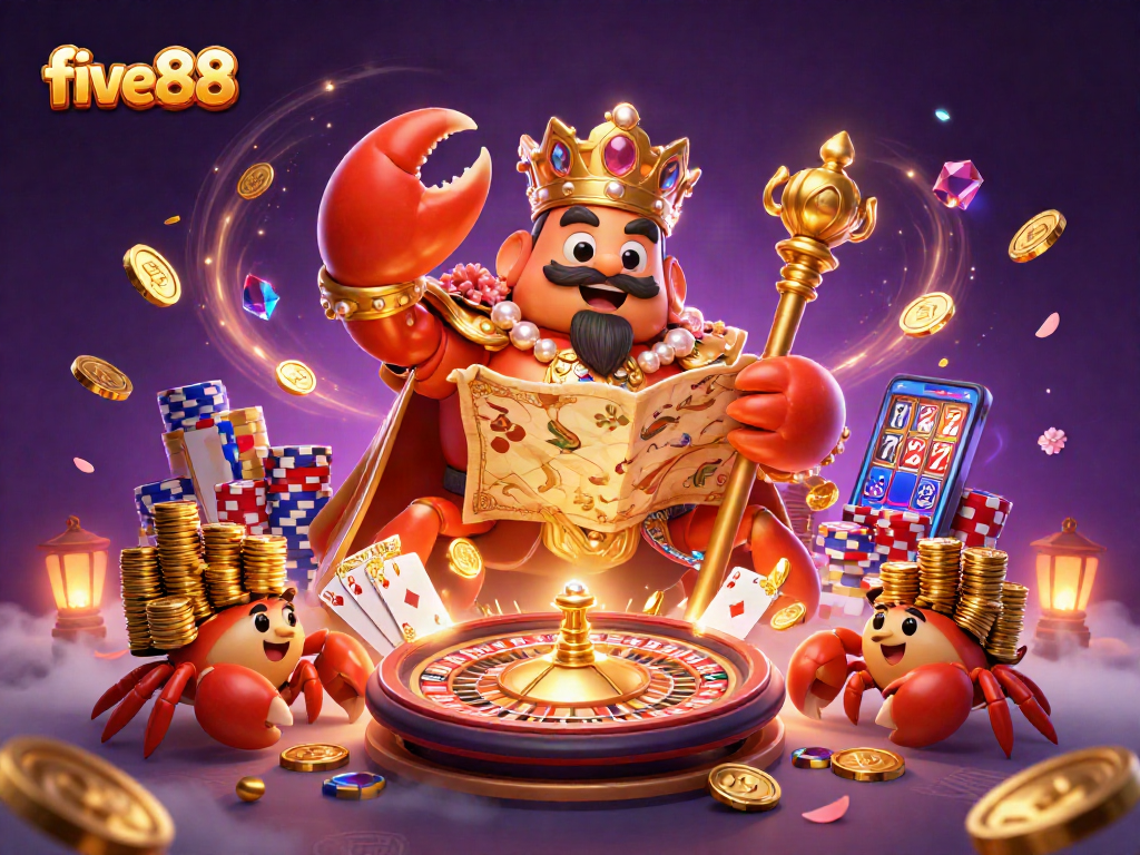 five88 presents a vibrant 3D casino scene with a golden crab emperor amidst dynamic gaming elements.