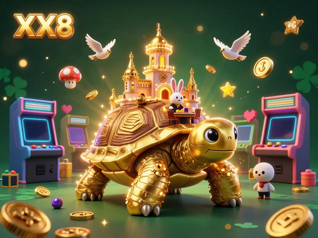 Engage with XX8's thrilling casino adventure featuring a golden tortoise and rabbit dealer amidst arcade games.