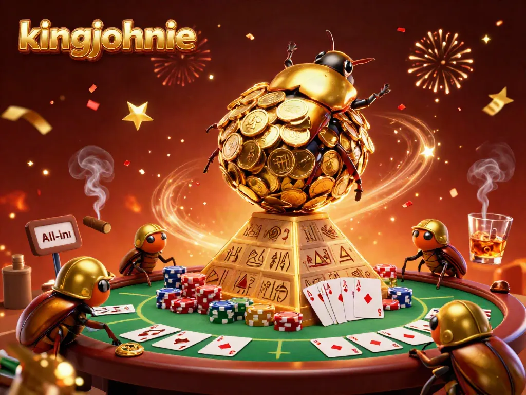 Experience vibrant gaming at kingjohnnie's mobile casino with 3D illustrations of charismatic beetles and casino elements.