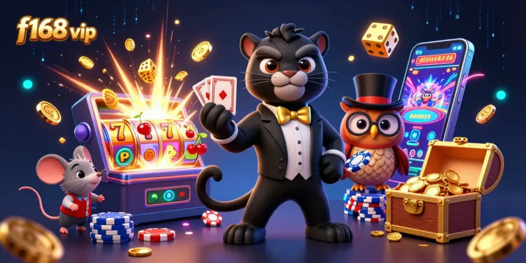 Engage with the vibrant f168 vip casino experience featuring a stylish panther, owl, and lucky mouse.