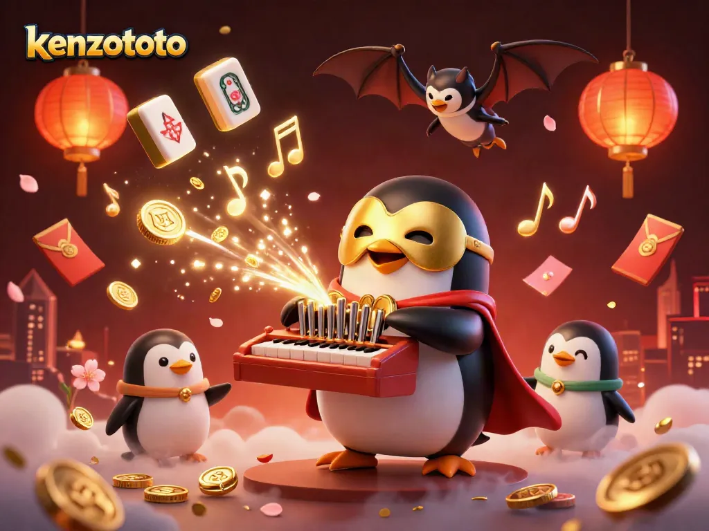 Experience thrilling gameplay with kenzototo, featuring a penguin, a bat acrobat, and vibrant casino elements.