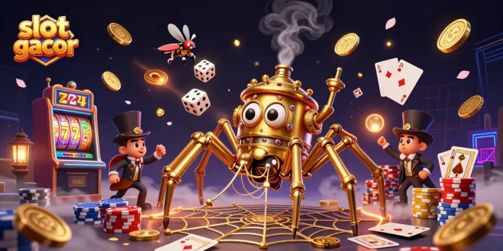 Slot gacor menarik dengan karakter laba-laba steampunk dan simbol permainan kasino yang berkilau.