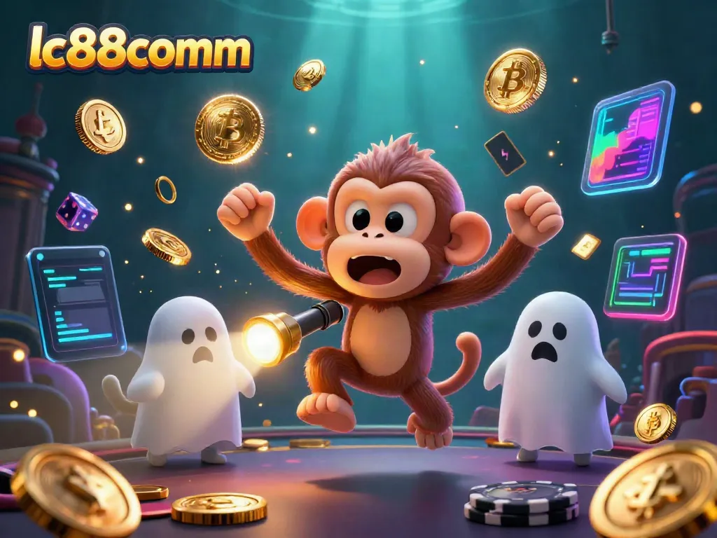Experience the playful chaos of lc88comm with a ghost-hunter puppy tracking a mischievous monkey in an exciting casino.