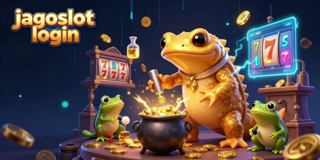 Gambarkan jagoslot login dengan alkemis kodok yang transmutasi logam menjadi koin emas.