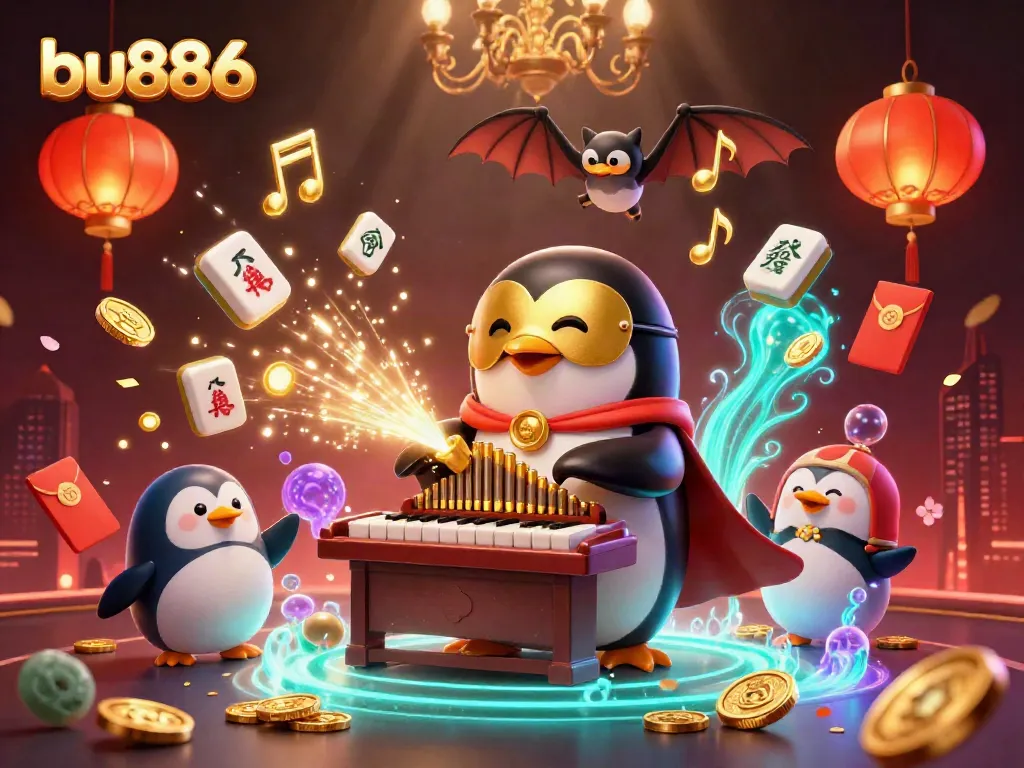 Experience the thrilling atmosphere of bu886 as a penguin plays an organ shooting coins, surrounded by festive casino elements.